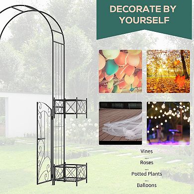 Outsunny Garden Gate Arbor Wedding Arch with Heart Doors Planters, Black