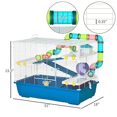 PawHut 31" Extra Large Hamster Cage with Tubes and Tunnels, 4 Tier Small Animal Cage with Portable Carry Handles, Rat Gerbil Cage with Water Bottle, Food Dish, Exercise Wheel