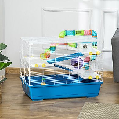 PawHut 31" Extra Large Hamster Cage with Tubes and Tunnels, 4 Tier Small Animal Cage with Portable Carry Handles, Rat Gerbil Cage with Water Bottle, Food Dish, Exercise Wheel