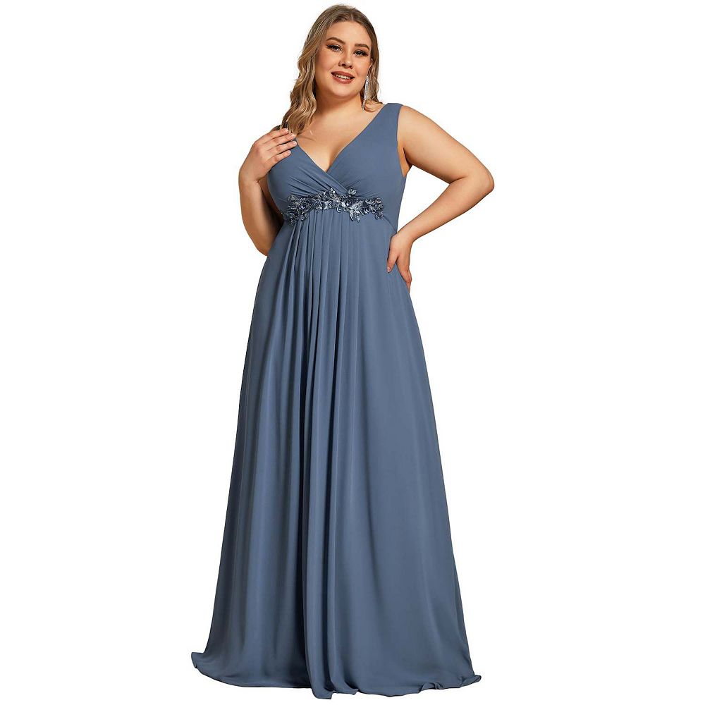 A-Line Chiffon Dress with Flower Appliqued Blue Plus Size