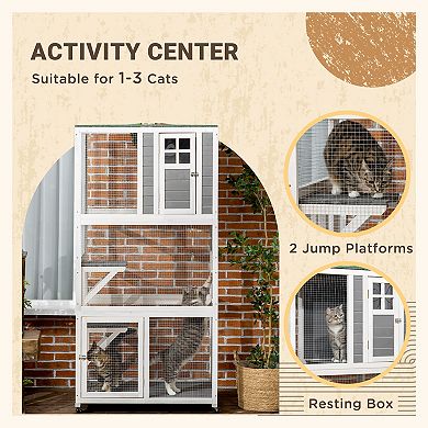 PawHut 74" Wooden Outdoor Cat House Weatherproof & Wheeled, Catio Outdoor Cat Enclosure with High Weight Capacity, Kitten Cage Condo, Gray