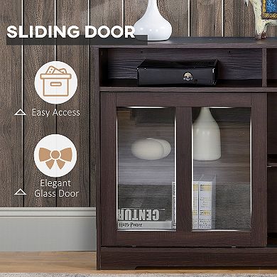HOMCOM Modern Kitchen Storage Sideboard, Buffet Cabinet, Sliding Glass Doors Cupboard with Adjustable Shelf, Dark Brown