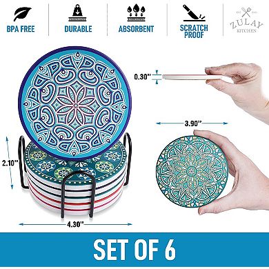 Mandala Coasters with Holder & Cork Base - Set Of 6