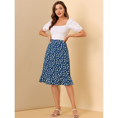 Women's Floral Prints Ruffle Hem Elastic Waist Split Midi Skirt