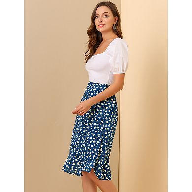 Women's Floral Prints Ruffle Hem Elastic Waist Split Midi Skirt