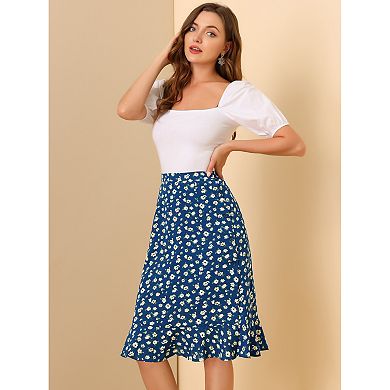 Women's Floral Prints Ruffle Hem Elastic Waist Split Midi Skirt