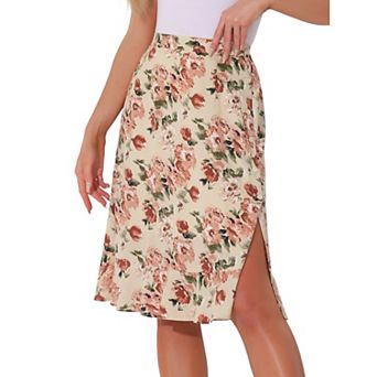 Women's Floral Prints Ruffle Hem Elastic Waist Split Midi Skirt