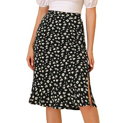 Women s Floral Prints Ruffle Hem Elastic Waist Split Midi Skirt