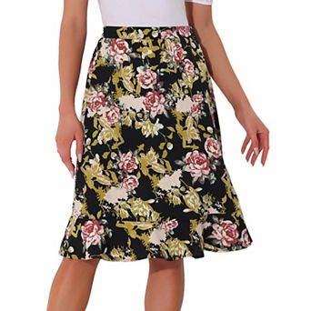 Women's Floral Prints Ruffle Hem Elastic Waist Split Midi Skirt