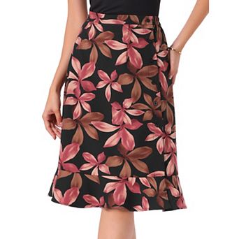 Women's Floral Prints Ruffle Hem Elastic Waist Split Midi Skirt