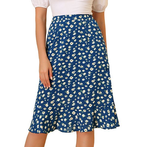 Women's Floral Prints Ruffle Hem Elastic Waist Split Midi Skirt