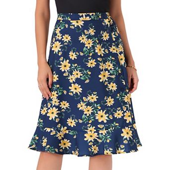 Women's Floral Prints Ruffle Hem Elastic Waist Split Midi Skirt