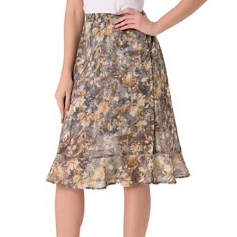 Women's Floral Prints Ruffle Hem Elastic Waist Split Midi Skirt