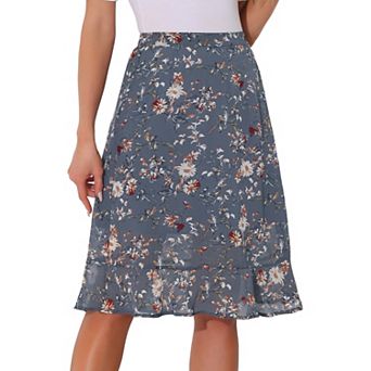 Women's Floral Prints Ruffle Hem Elastic Waist Split Midi Skirt
