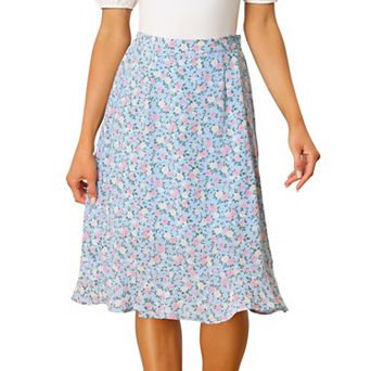 Women's Floral Prints Ruffle Hem Elastic Waist Split Midi Skirt
