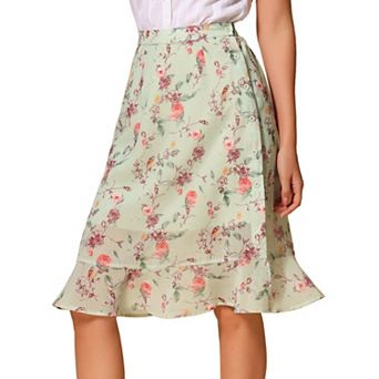 Women's Floral Prints Ruffle Hem Elastic Waist Split Midi Skirt