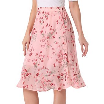 Women's Floral Prints Ruffle Hem Elastic Waist Split Midi Skirt