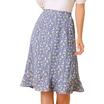 Women's Floral Prints Ruffle Hem Elastic Waist Split Midi Skirt