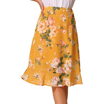 Women's Floral Prints Ruffle Hem Elastic Waist Split Midi Skirt