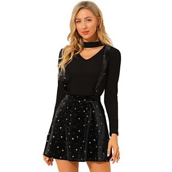 Women's Velvet Star Printed Adjustable Strap High Waist Suspender Skirt