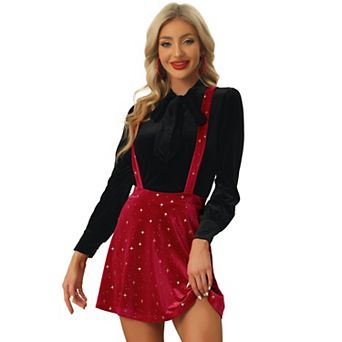 Women's Velvet Star Printed Adjustable Strap High Waist Suspender Skirt