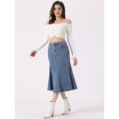 Casual Denim Skirt For Women s High Waisted A line Flared Midi Skirts