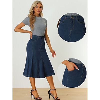 Women’s Long Denim Skirt | High Waist Ruffle Pleated Maxi Skirt | Button-Down Bodycon Style | Stretchy & Retro