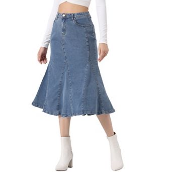Casual Denim Skirt For Women's High Waisted A-line Flared Midi Skirts