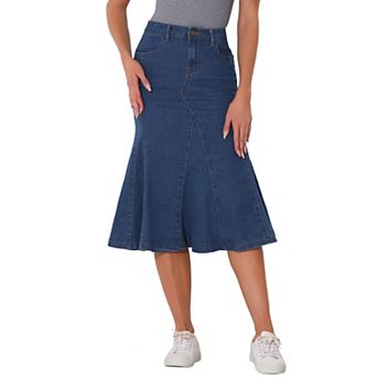 Casual Denim Skirt For Women's High Waisted A-line Flared Midi Skirts