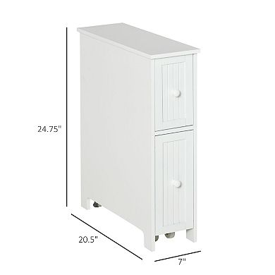 kleankin Slim Bathroom Cabinet, Freestanding Storage Cabinet, Toilet Paper Holder with Two Drawers, Side Towel Rack, and Wheels, 7 x 20.5 x 24.75 Inches, White