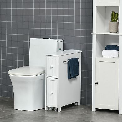 kleankin Slim Bathroom Cabinet, Freestanding Storage Cabinet, Toilet Paper Holder with Two Drawers, Side Towel Rack, and Wheels, 7 x 20.5 x 24.75 Inches, White
