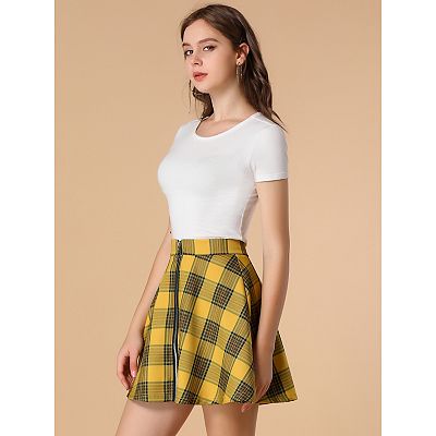 Skater Skirt Yellow Plaid Skirt In Stores Plus Size High-Rise Long