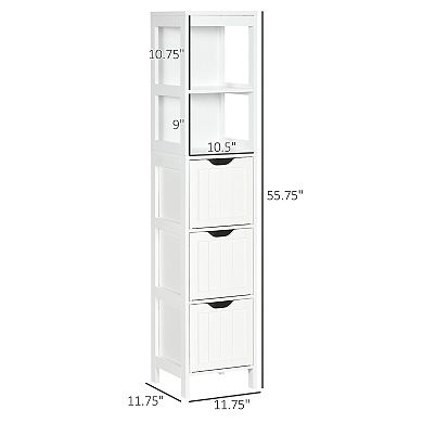 kleankin Narrow Bathroom Cabinet with 3 Drawers and 2 Tier Shelf, Tall Cupboard Freestanding Linen Towel, Slim Corner Organizer, White