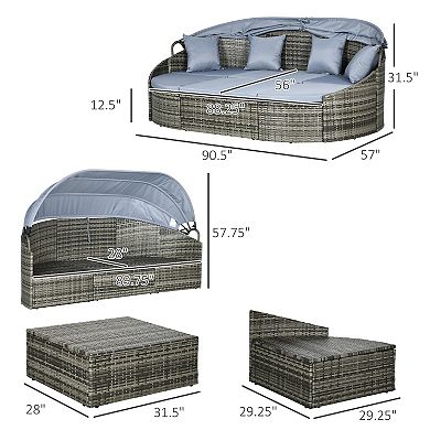 4pc Patio Pe Rattan Furniture Set, Sectional Sofa Bed W/ Canopy, Light Grey