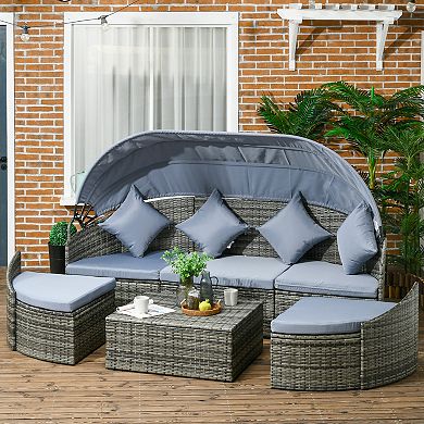 4pc Patio Pe Rattan Furniture Set, Sectional Sofa Bed W/ Canopy, Light Grey