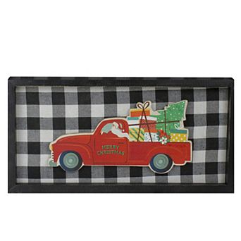 16” Black and White Buffalo Plaid Santa Farm Truck Wooden Christmas Plaque