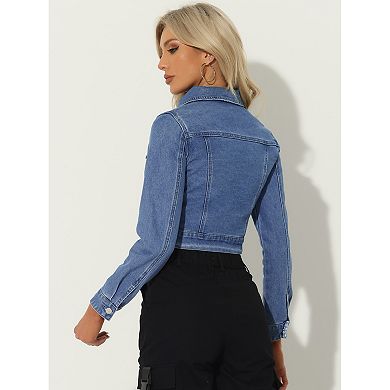 Women's Button Down Long Sleeves Cropped Denim Jacket