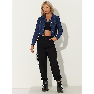 Women's Button Down Long Sleeves Cropped Denim Jacket