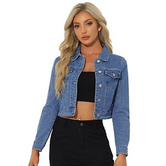 Women's Button Down Long Sleeves Cropped Denim Jacket