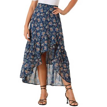 Floral Chiffon Skirt for Women's High Waist Ruffle Hem Tiered Skirt