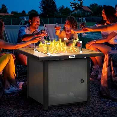 Outsunny Gas Fire Pit Table W/ Lid & Rain Cover 50,000 BTU Outdoor Firepit
