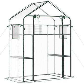 Outsunny Outdoor Walk-in Greenhouse w/ Mesh Door & Windows, 3 tier Shelves