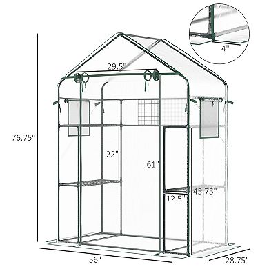 Outsunny Outdoor Walk-in Greenhouse w/ Mesh Door & Windows, 3 Tier Shelves