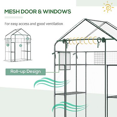 Outsunny Outdoor Walk-in Greenhouse w/ Mesh Door & Windows, 3 Tier Shelves