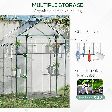Outsunny Outdoor Walk-in Greenhouse w/ Mesh Door & Windows, 3 Tier Shelves