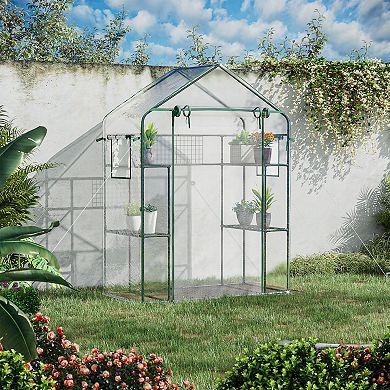 Outsunny Outdoor Walk-in Greenhouse w/ Mesh Door & Windows, 3 Tier Shelves