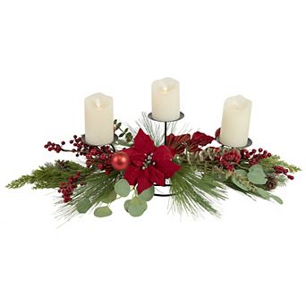 32" Triple Candle Holder with Red Berry and Poinsettia Christmas Decor