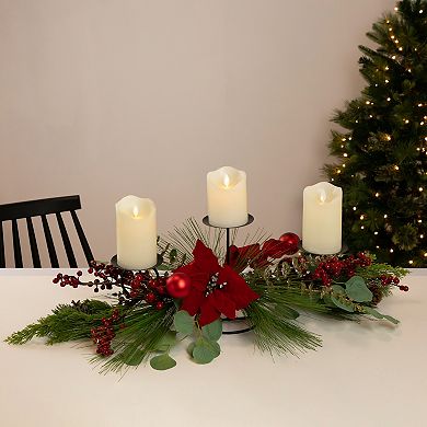 32" Triple Candle Holder with Red Berry and Poinsettia Christmas Decor