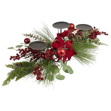 32" Triple Candle Holder with Red Berry and Poinsettia Christmas Decor