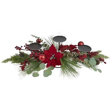 32" Triple Candle Holder with Red Berry and Poinsettia Christmas Decor